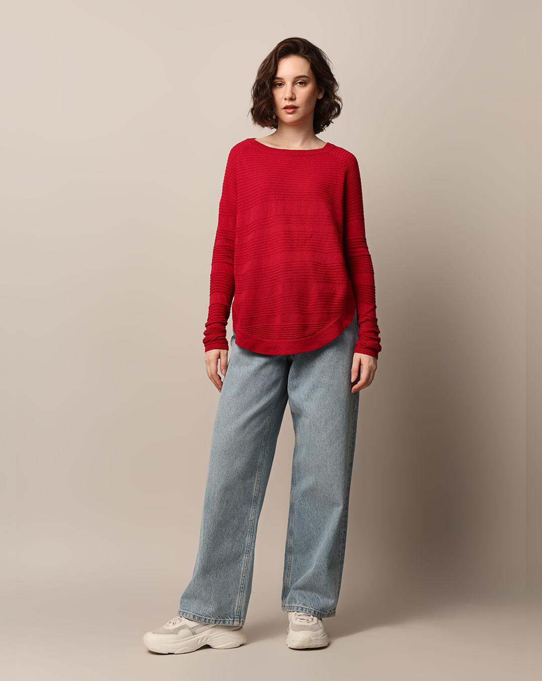 Red Structured Knit Pullover