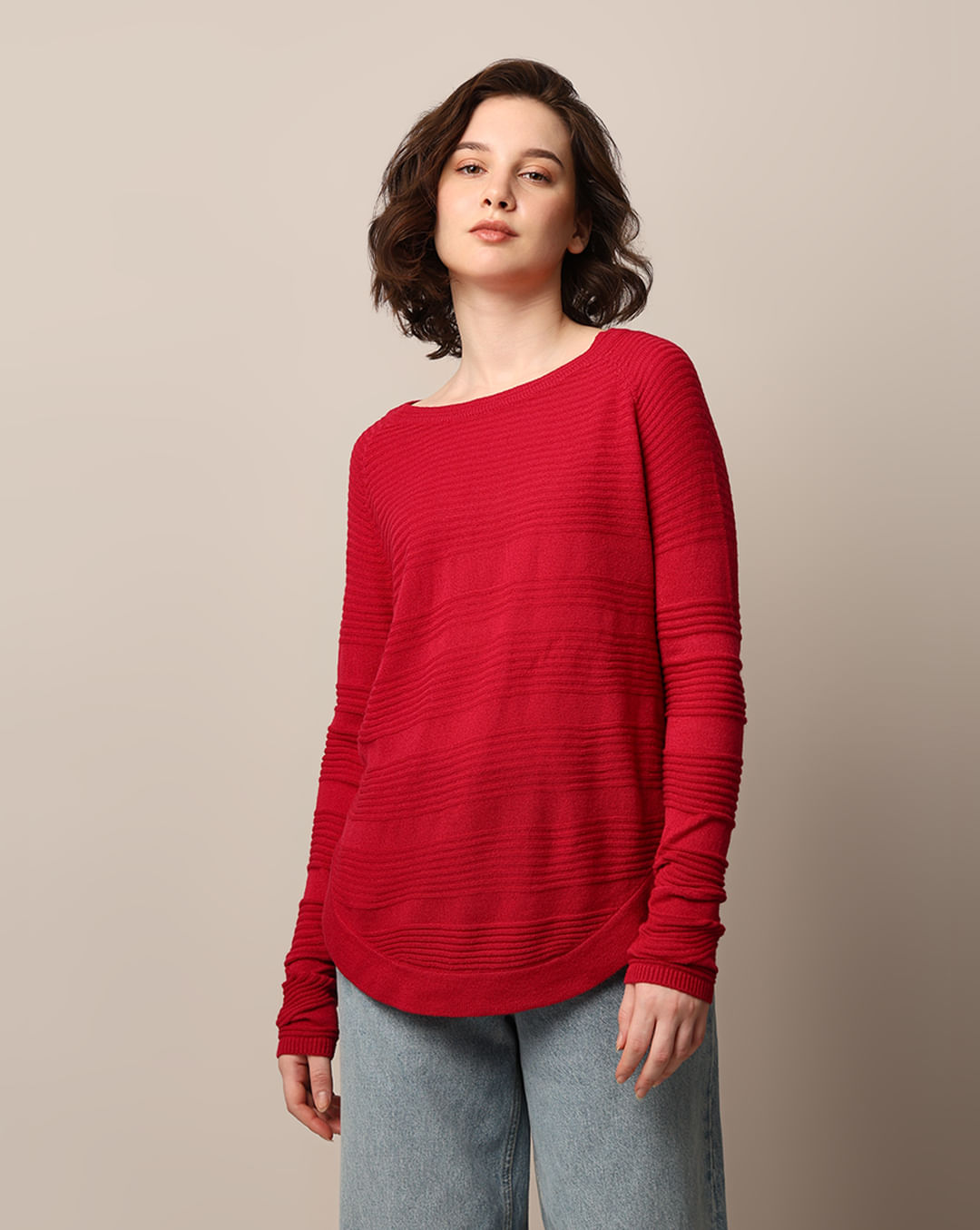 Red Structured Knit Pullover