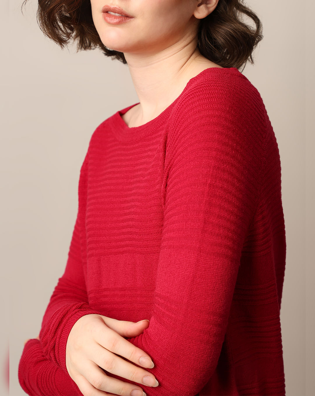 Red Structured Knit Pullover