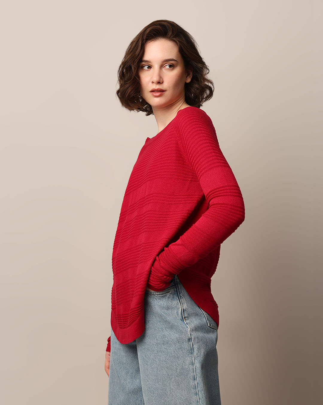 Red Structured Knit Pullover