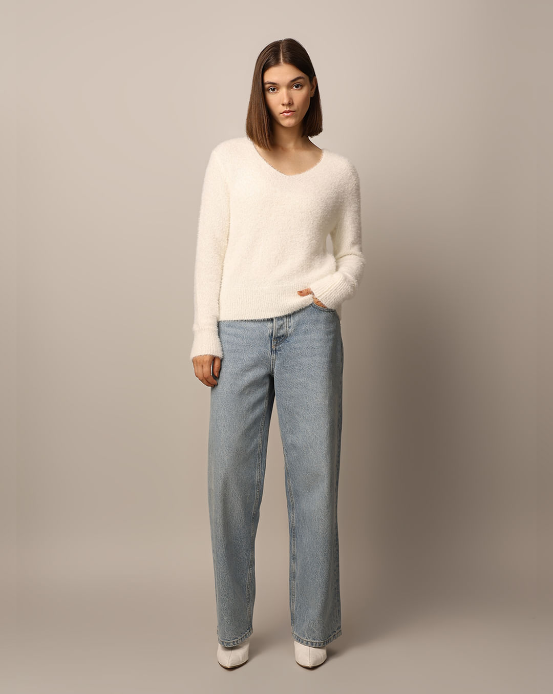 White V-Neck Fuzzy Pullover