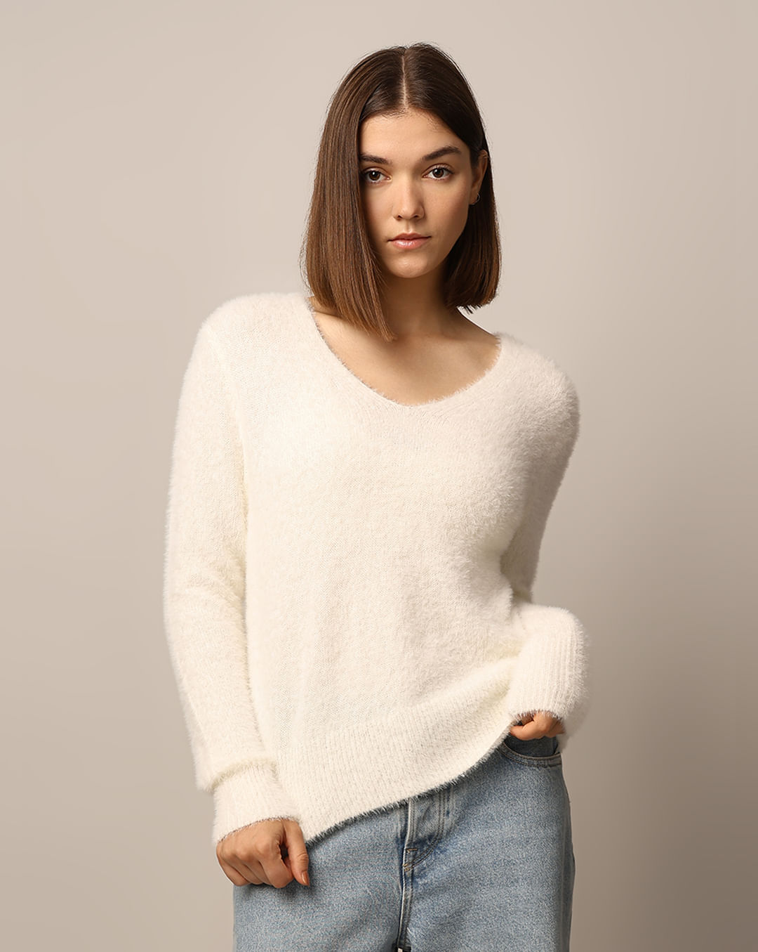 White V-Neck Fuzzy Pullover