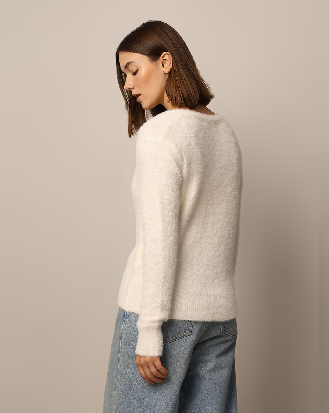 White V-Neck Fuzzy Pullover