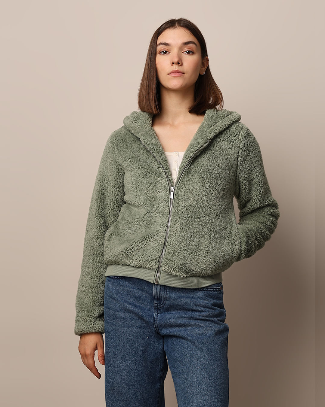 Green Zip-Up Hooded Sherpa Coat