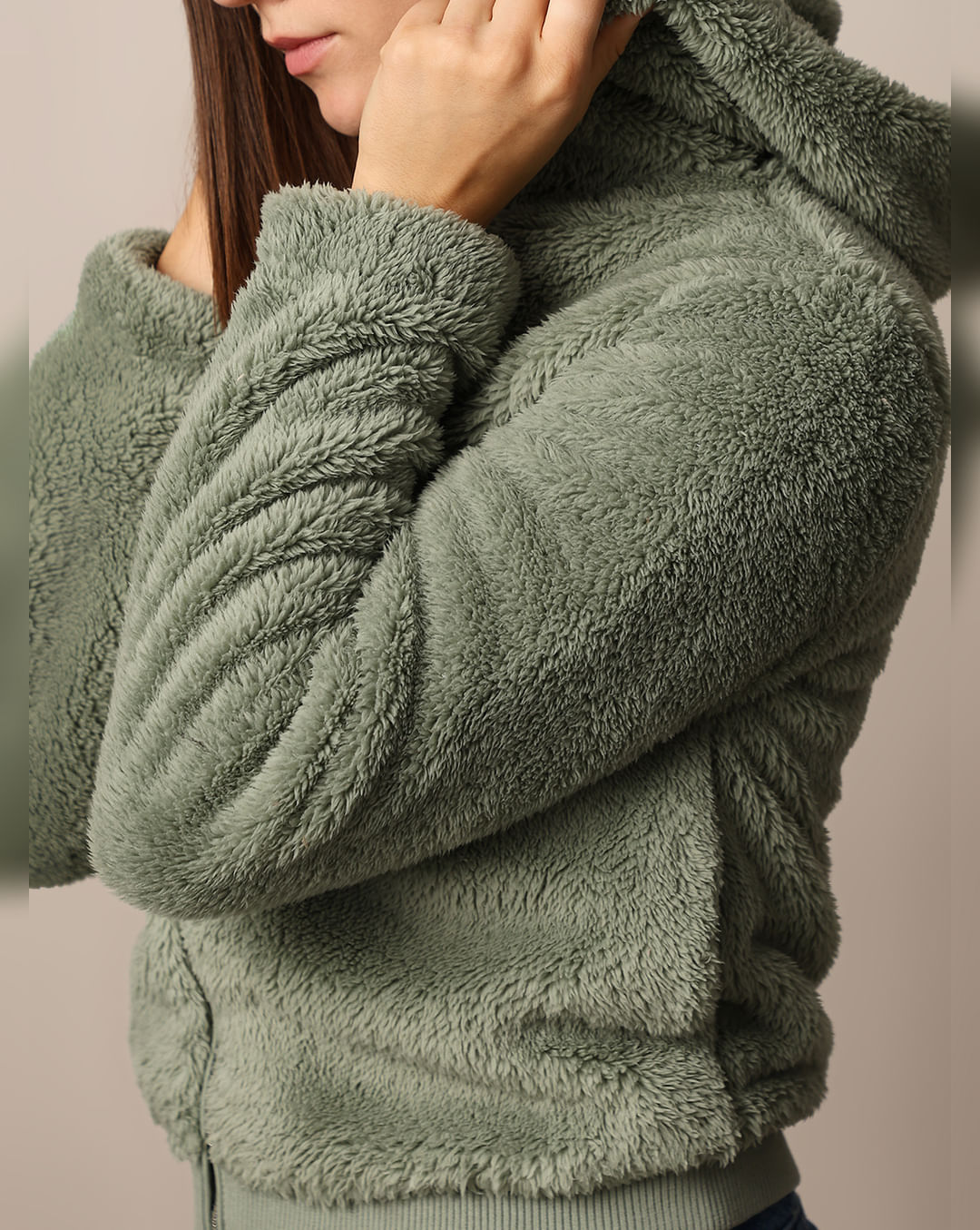 Green Zip-Up Hooded Sherpa Coat