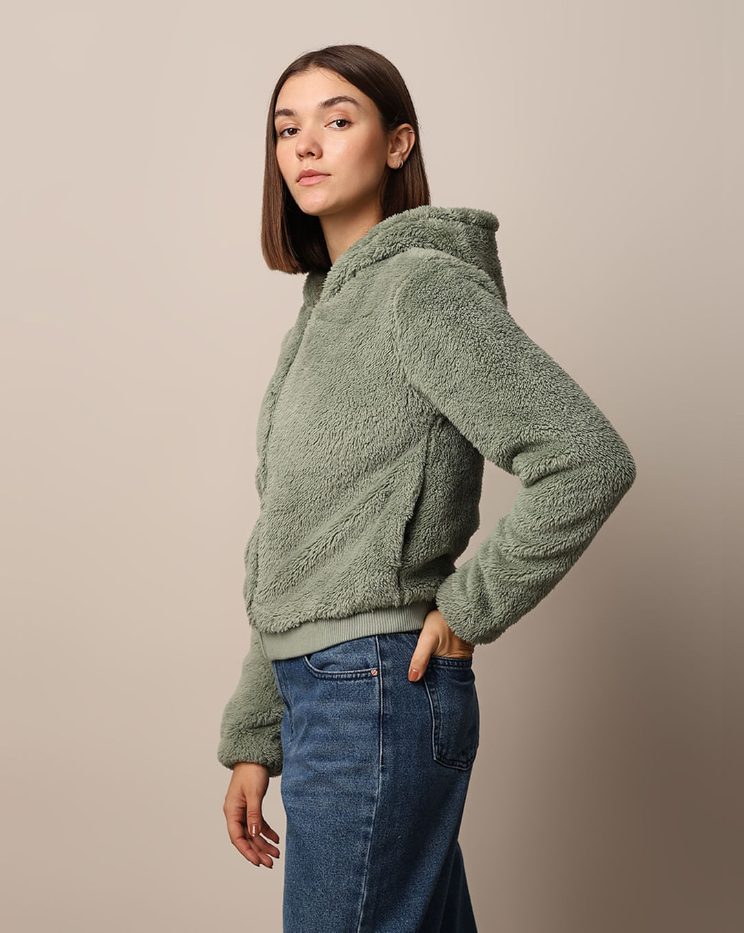 Green Zip-Up Hooded Sherpa Coat