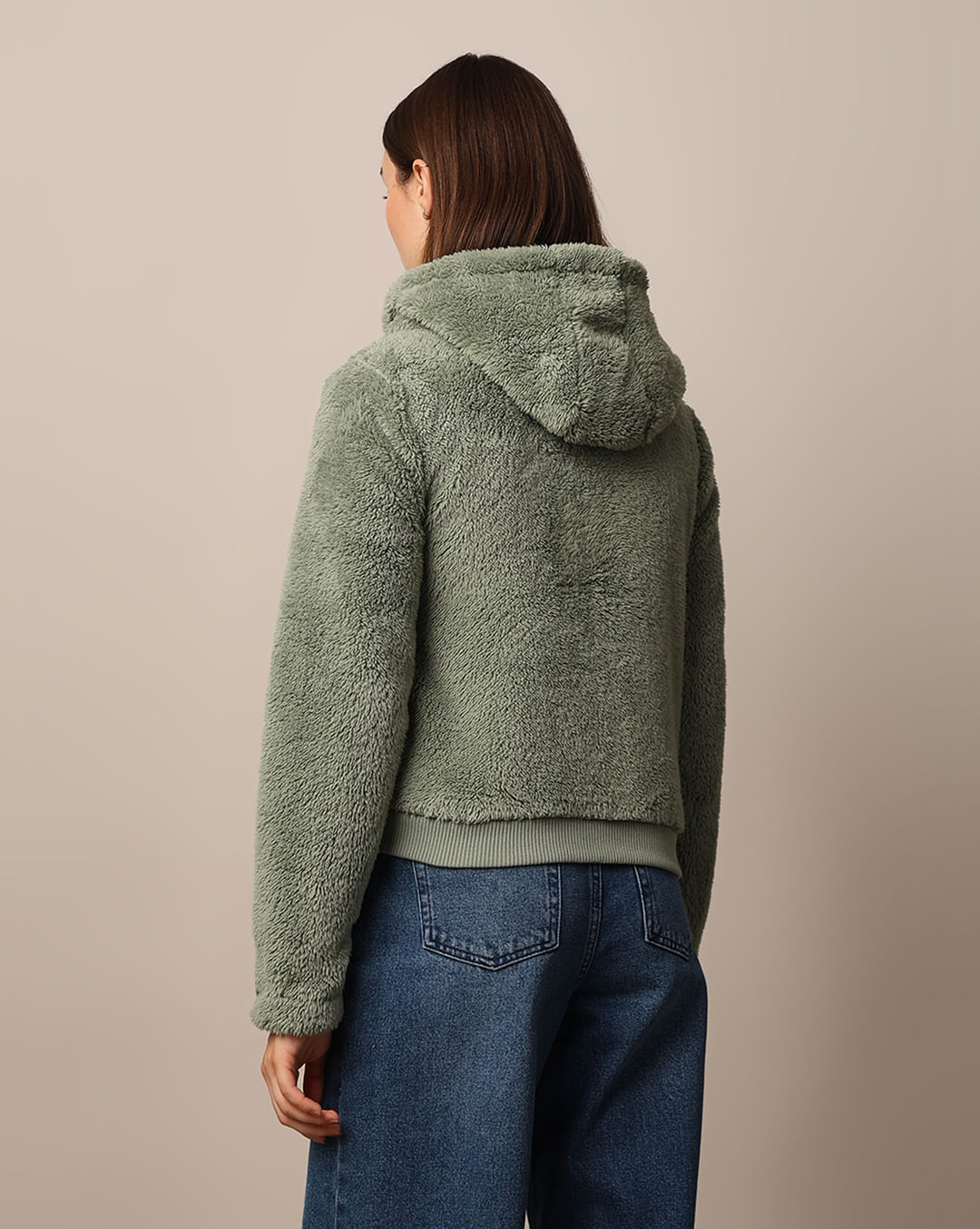 Green Zip-Up Hooded Sherpa Coat