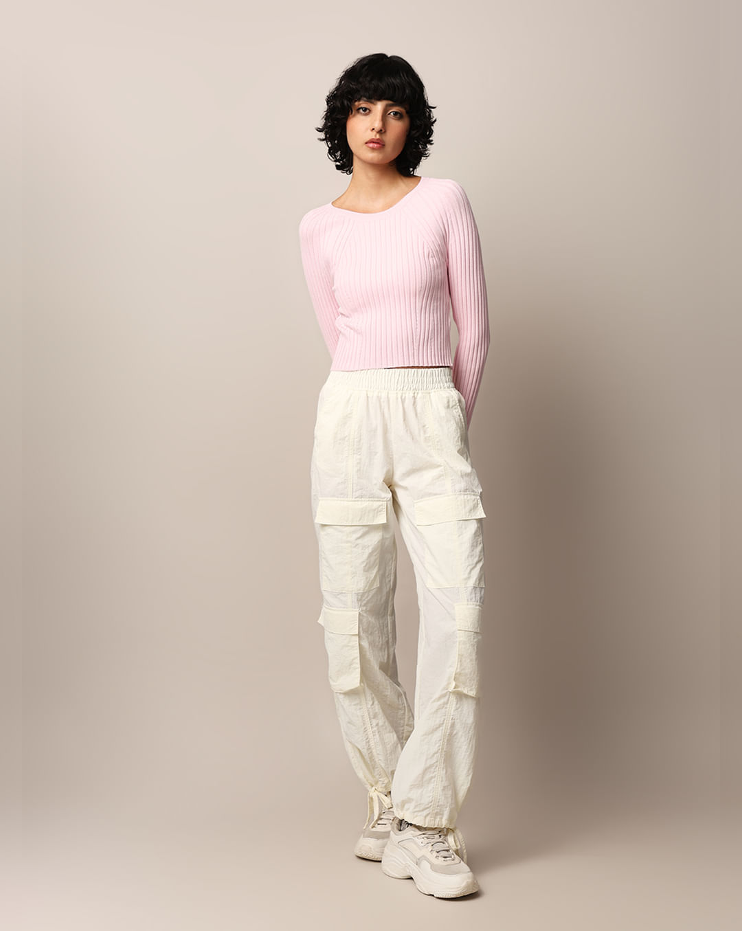 Pink Rib-Knit Cropped Fitted Pullover