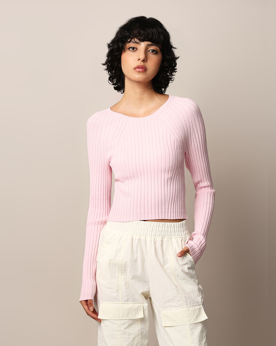 Pink Rib-Knit Cropped Fitted Pullover