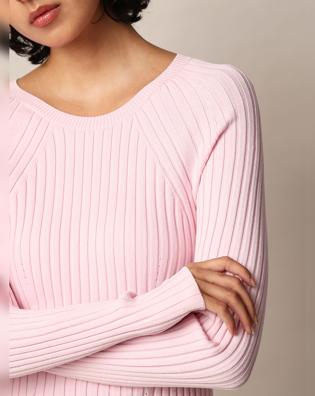 Pink Rib-Knit Cropped Fitted Pullover