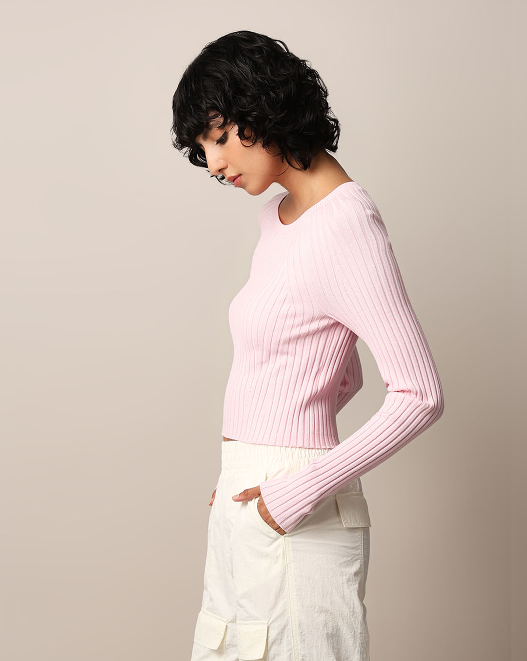 Pink Rib-Knit Cropped Fitted Pullover