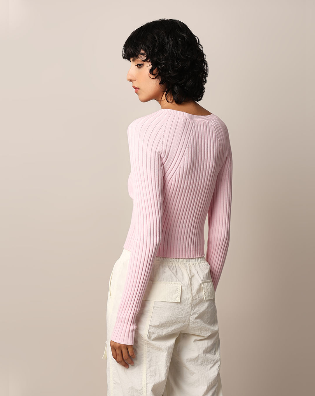 Pink Rib-Knit Cropped Fitted Pullover