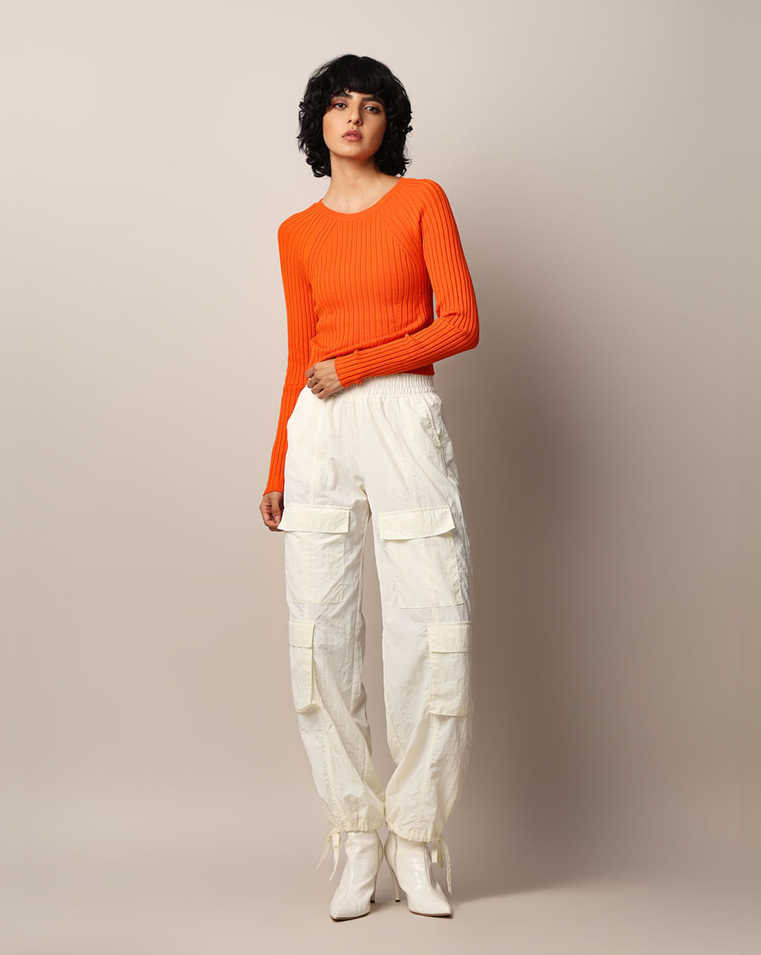 Orange Rib-Knit Cropped Fitted Pullover