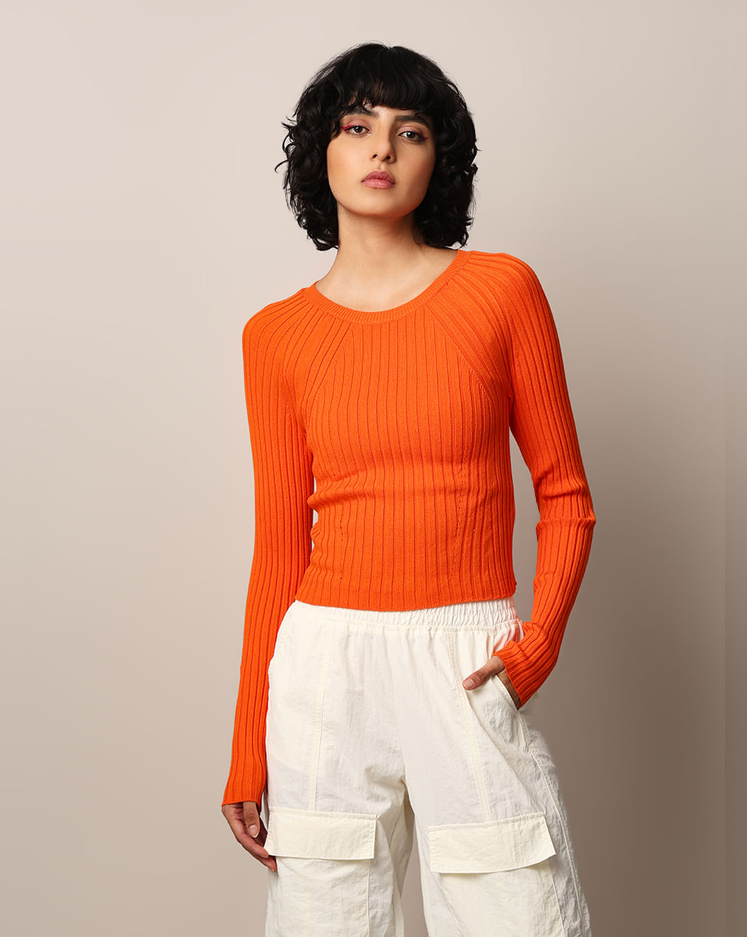 Orange Rib-Knit Cropped Fitted Pullover