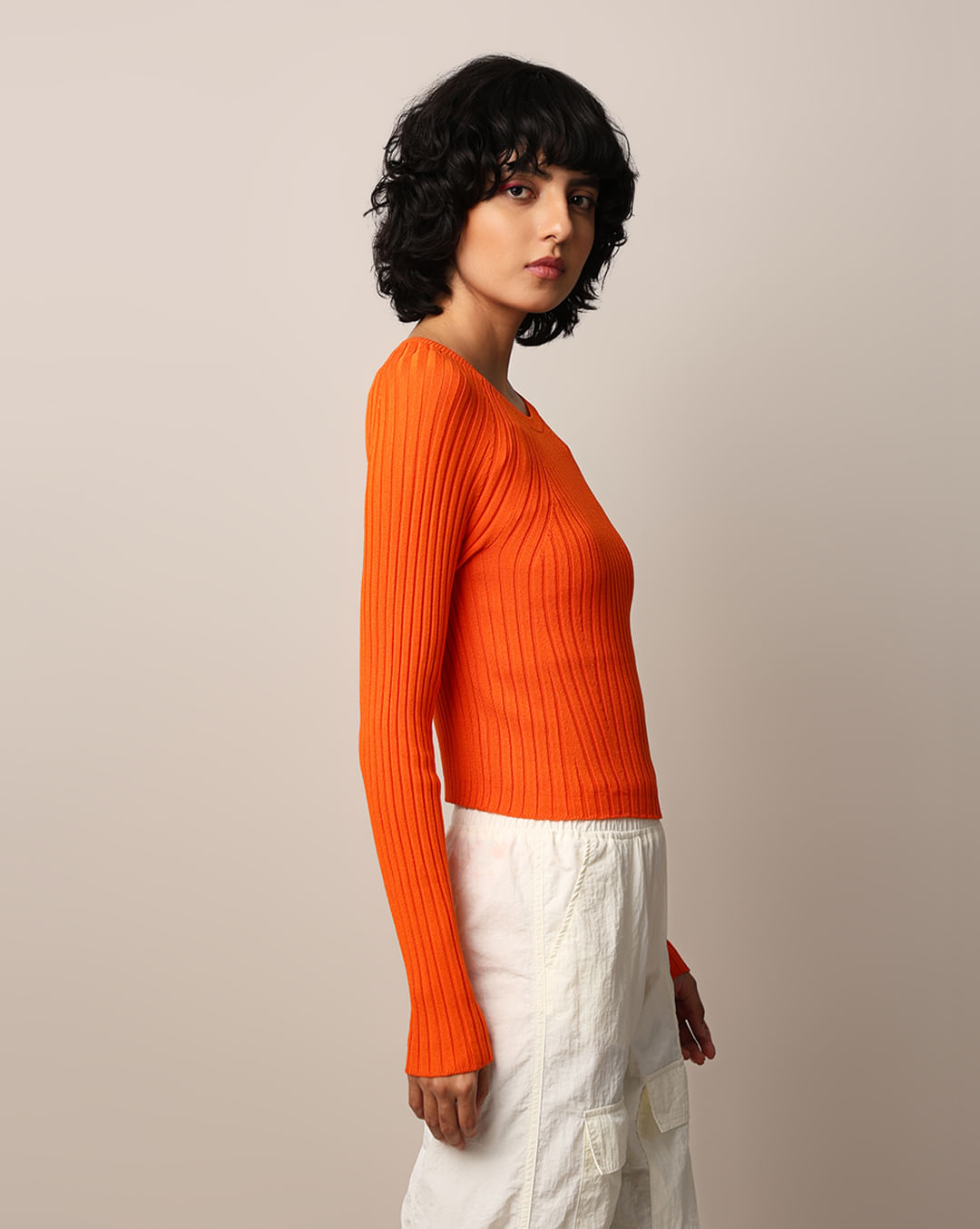 Orange Rib-Knit Cropped Fitted Pullover