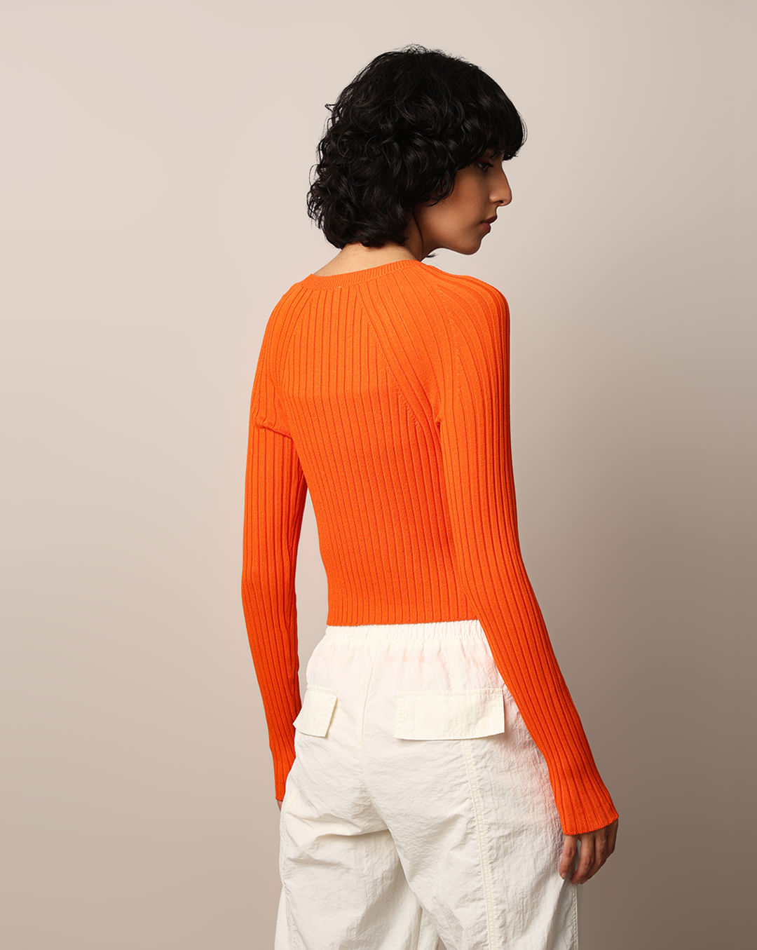 Orange Rib-Knit Cropped Fitted Pullover