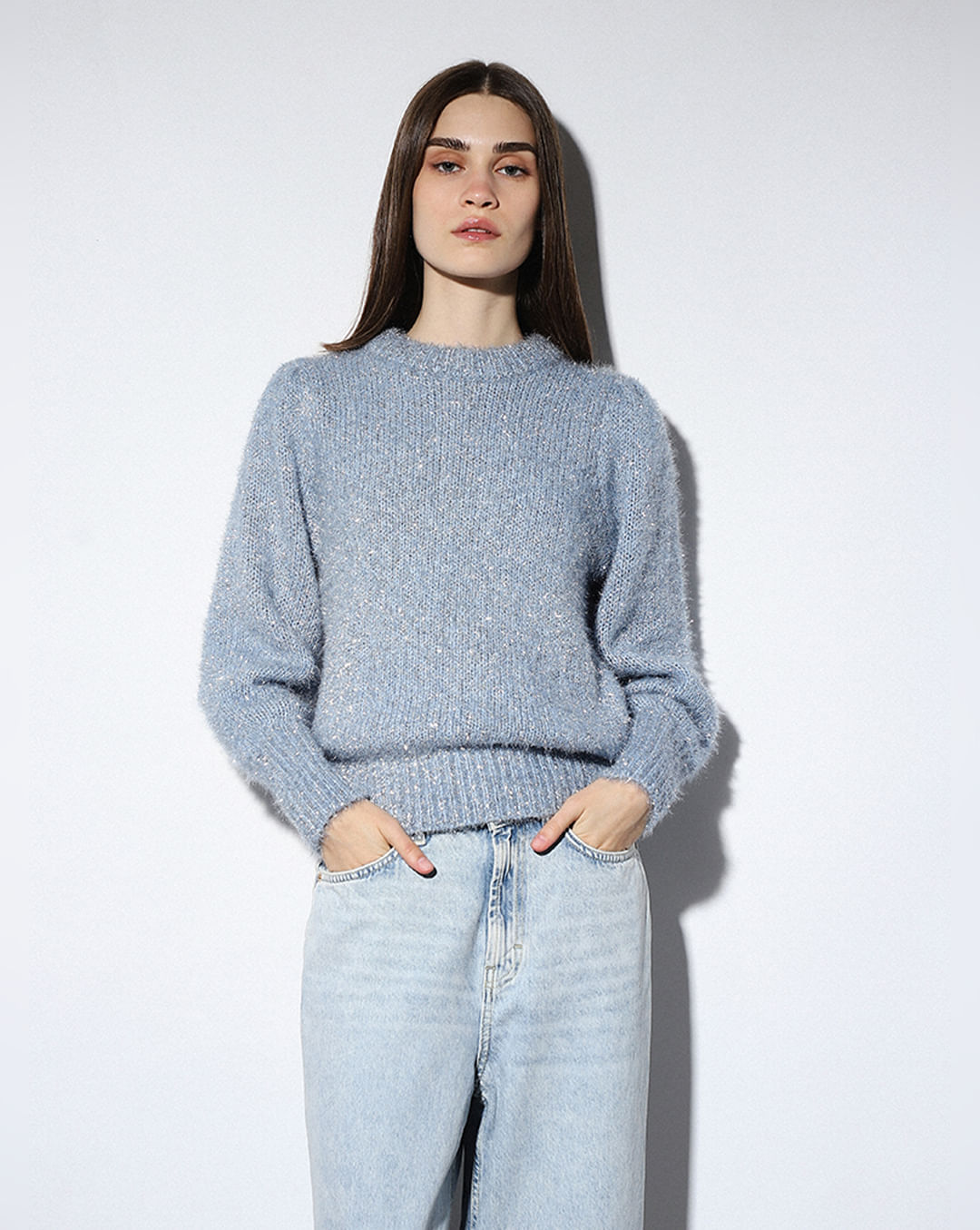 Blue Glitter O-Neck Pullover