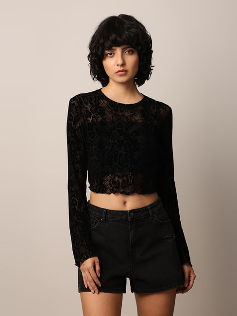 Black Animal Print Mesh Top