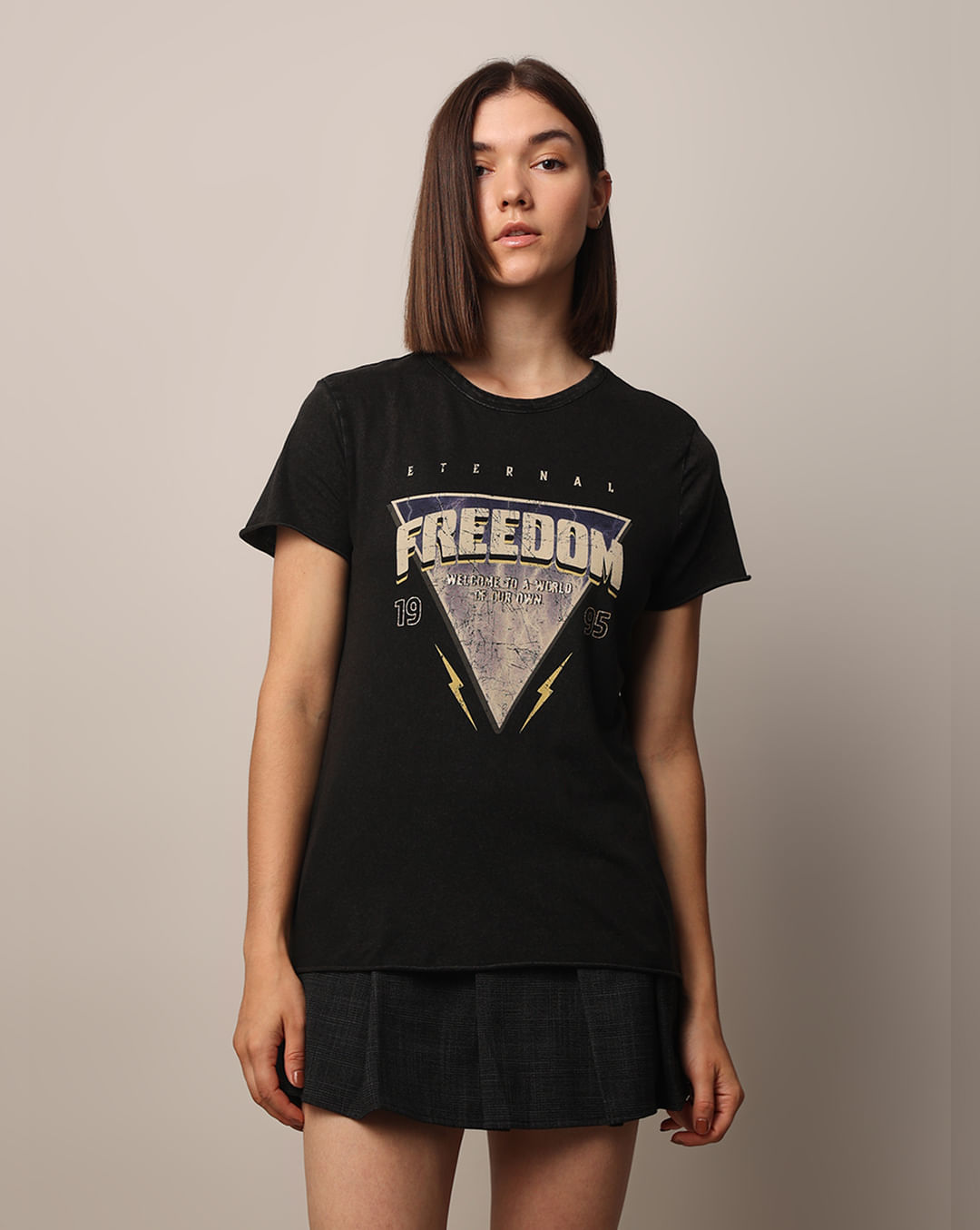 Black Acid Washed Printed Cotton T-shirt