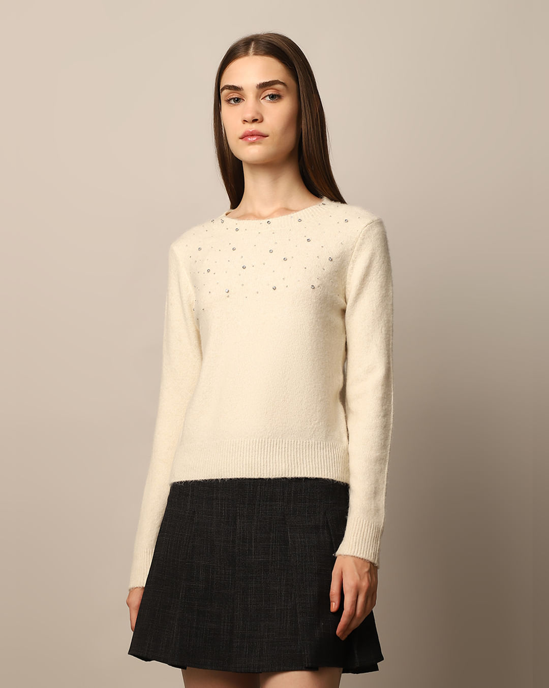 CREAM BEADED EMBELLISHED PULLOVER