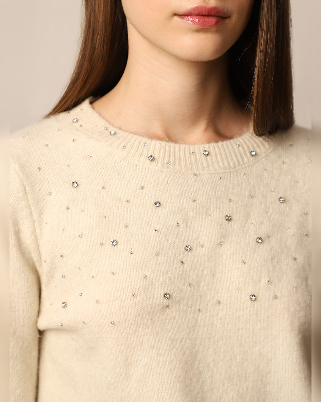 CREAM BEADED EMBELLISHED PULLOVER