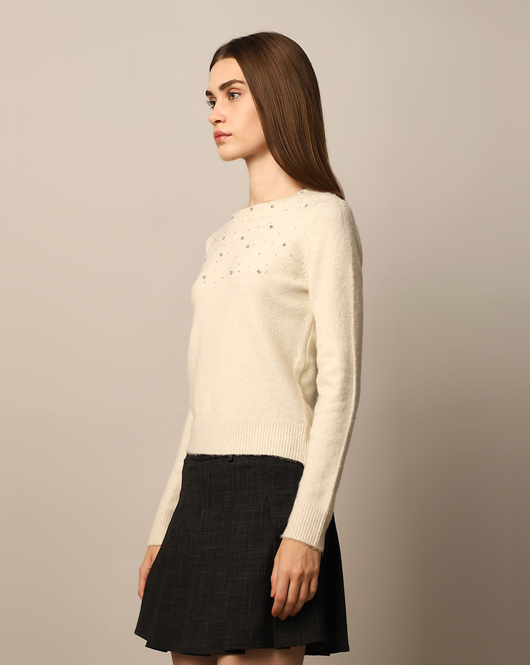 CREAM BEADED EMBELLISHED PULLOVER