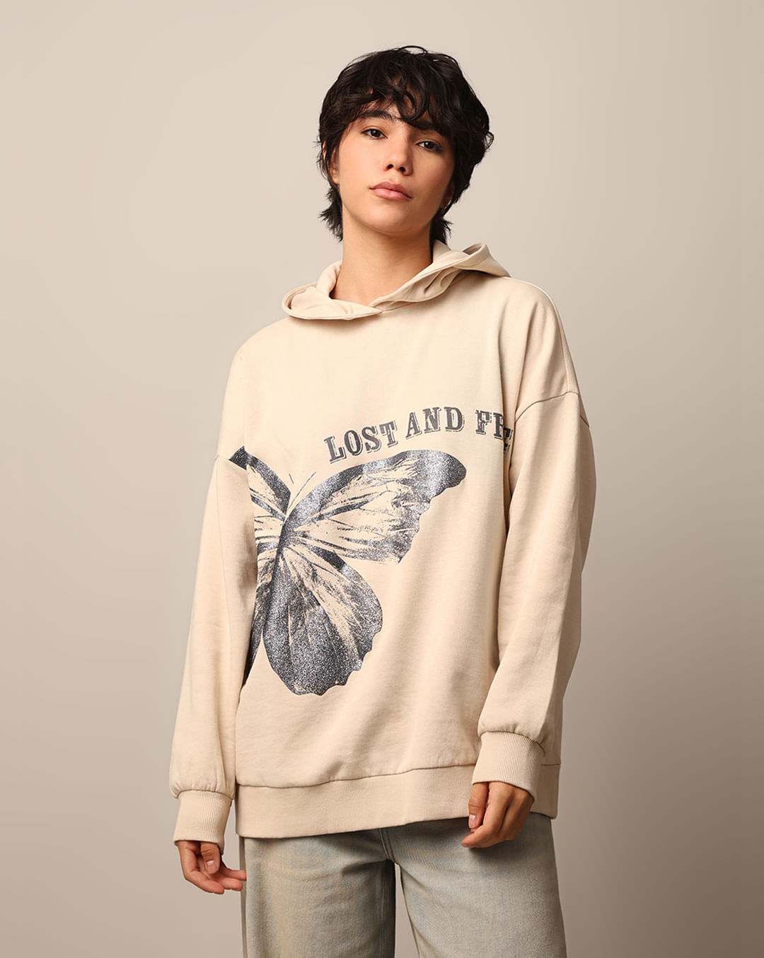 Beige Printed Oversized Hoodie