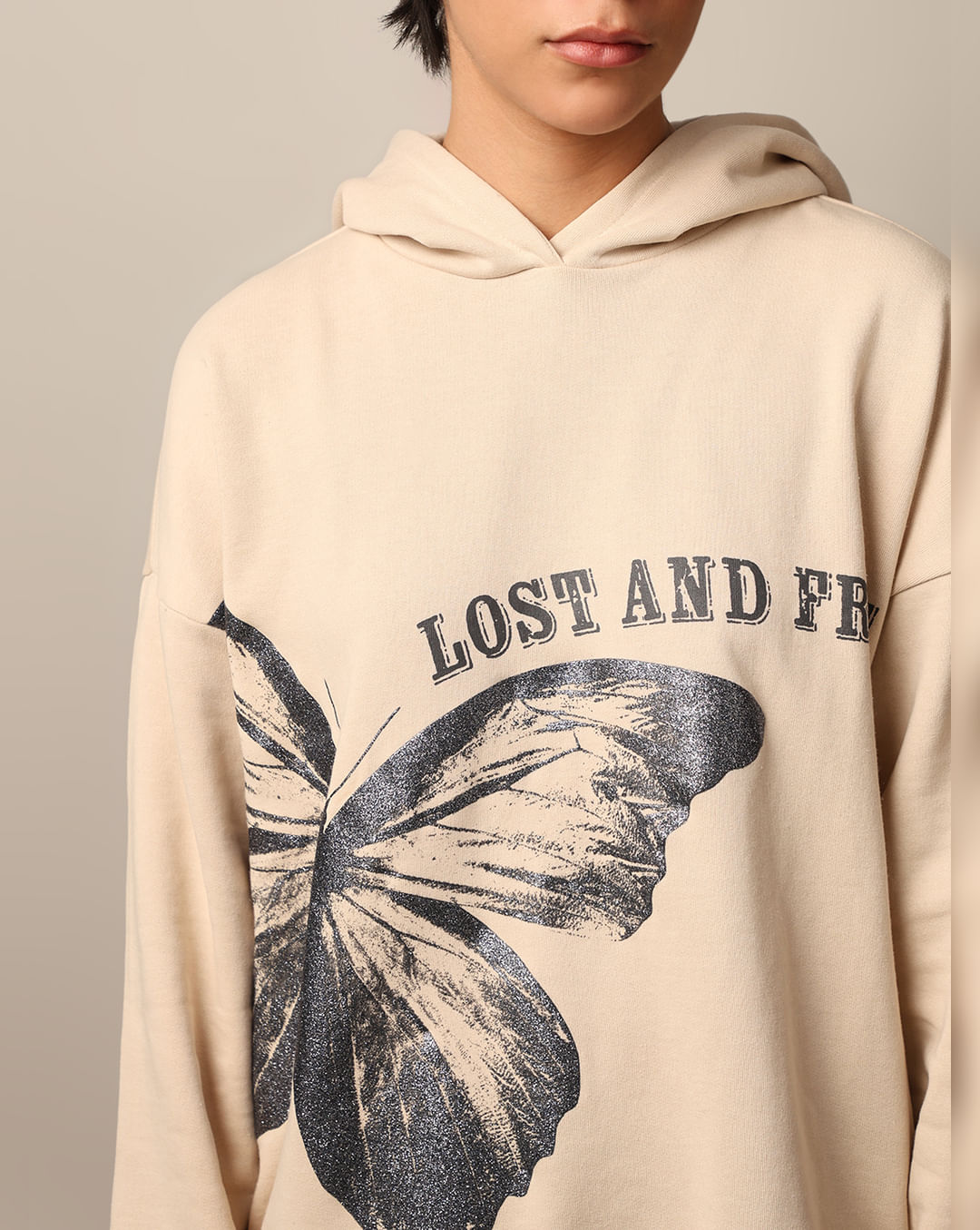 Beige Printed Oversized Hoodie