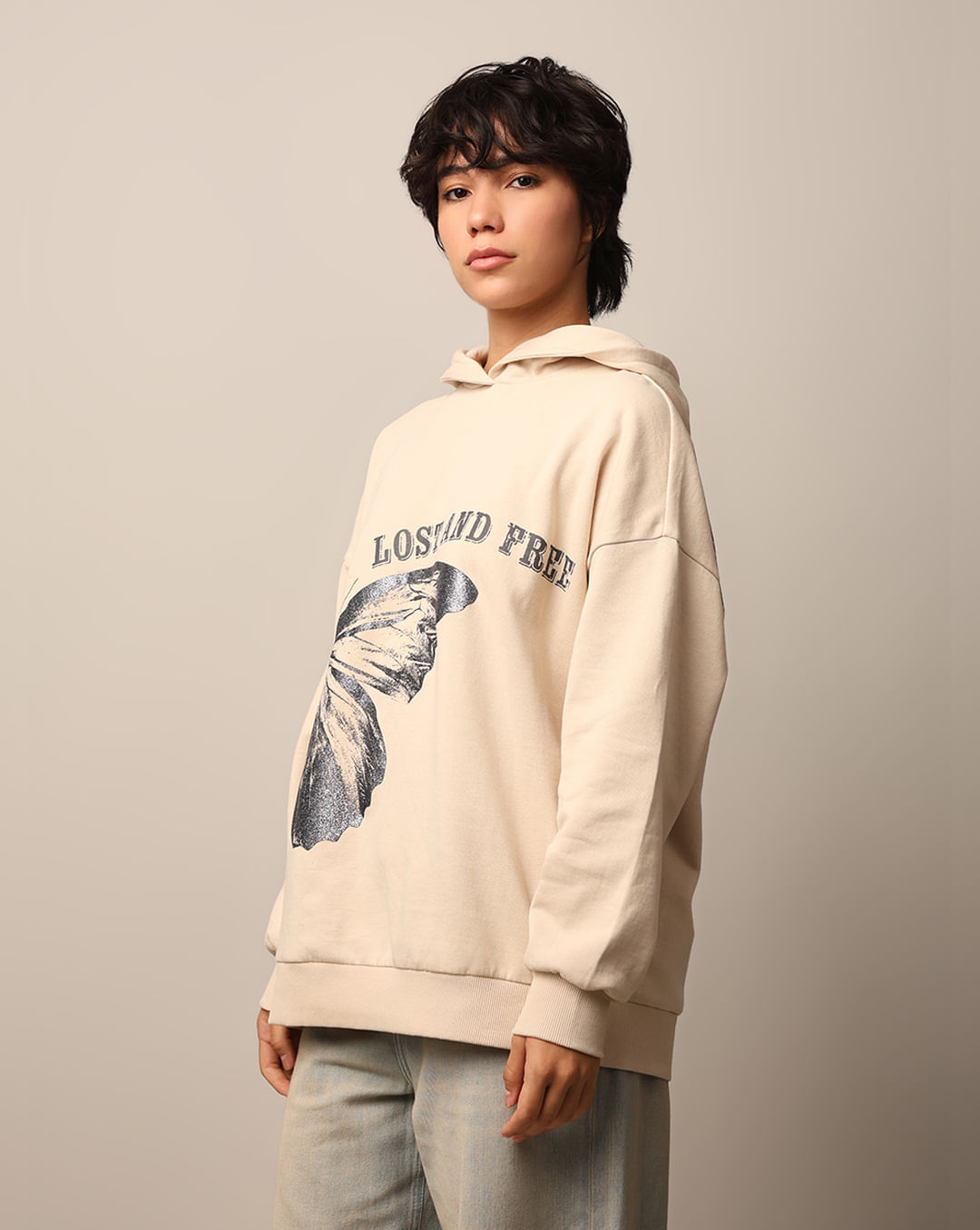 Beige Printed Oversized Hoodie