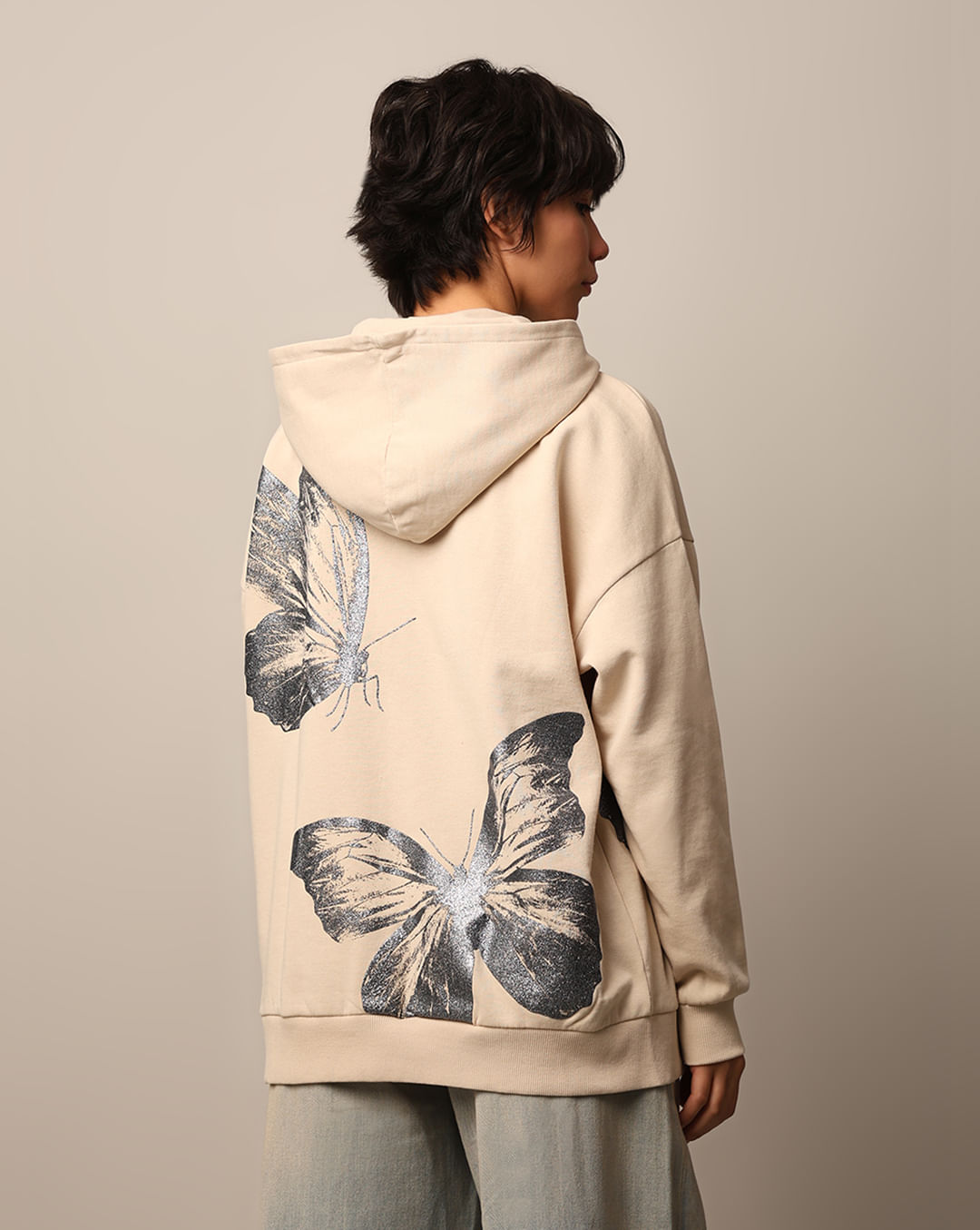 Beige Printed Oversized Hoodie