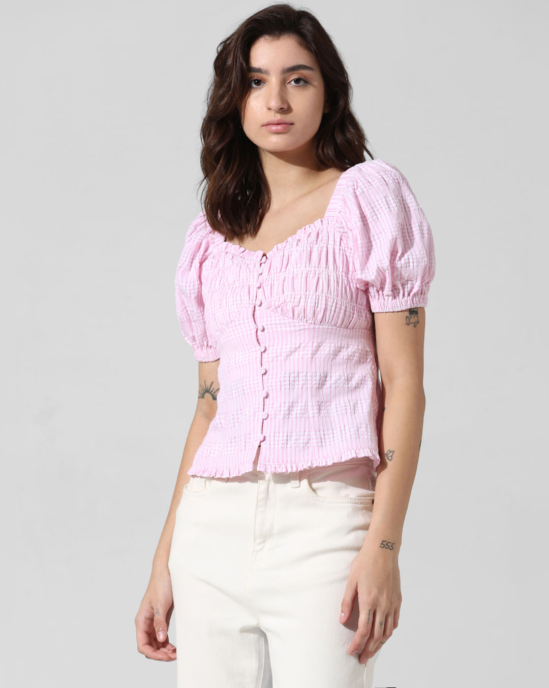 Pink Check Puff Sleeves Top