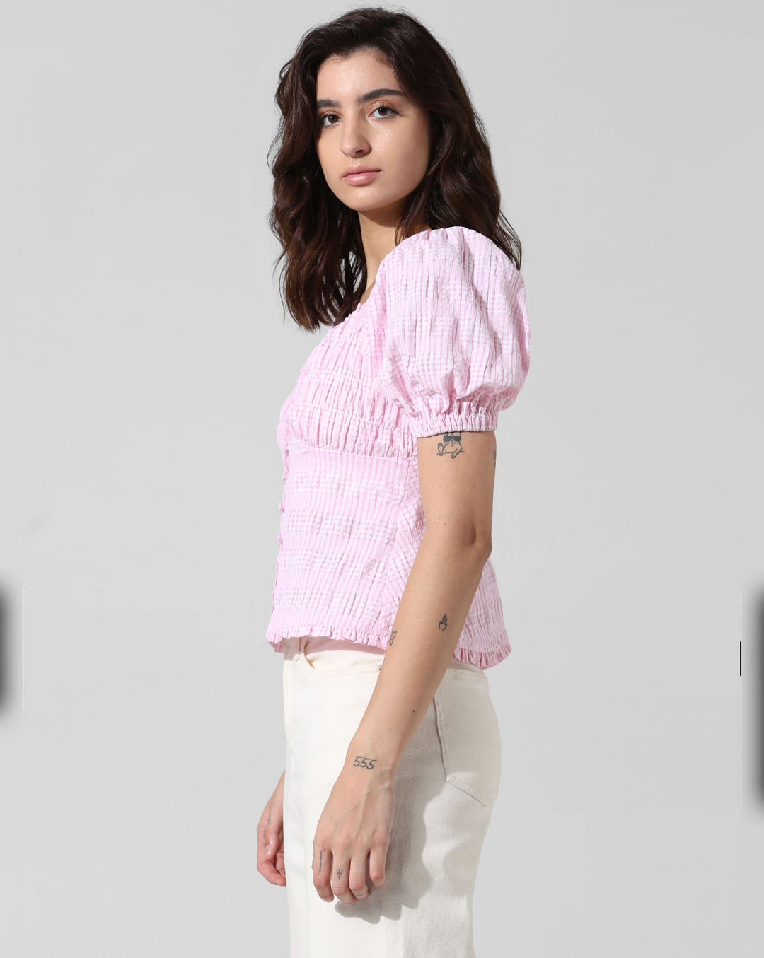 Pink Check Puff Sleeves Top