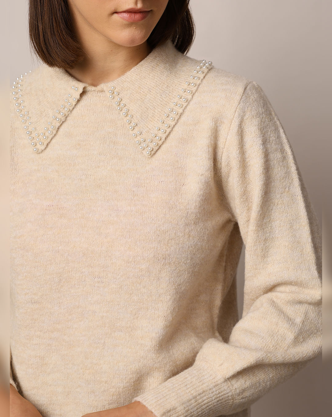 Beige Pearl Detail Pullover