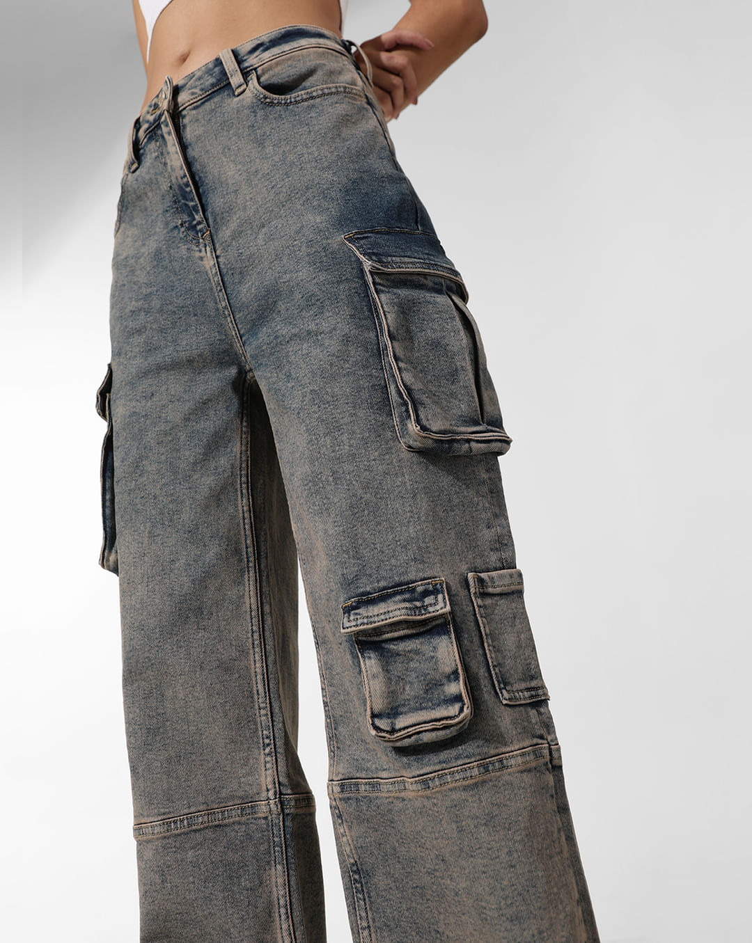 Blue High Rise Cargo Baggy Jeans