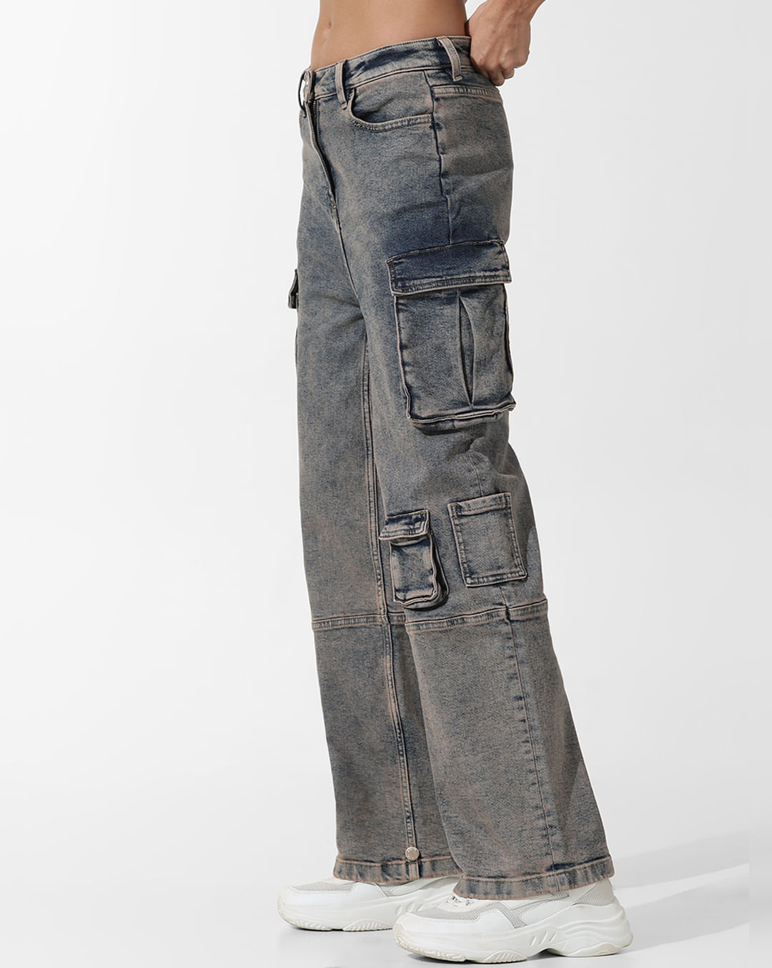 Blue High Rise Cargo Baggy Jeans