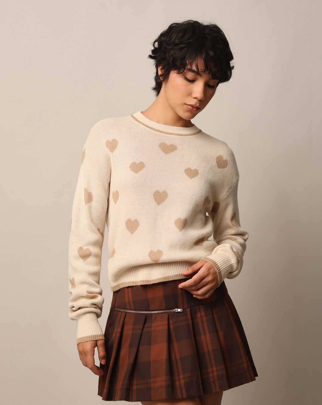 Beige Printed Jacquard Knit Pullover