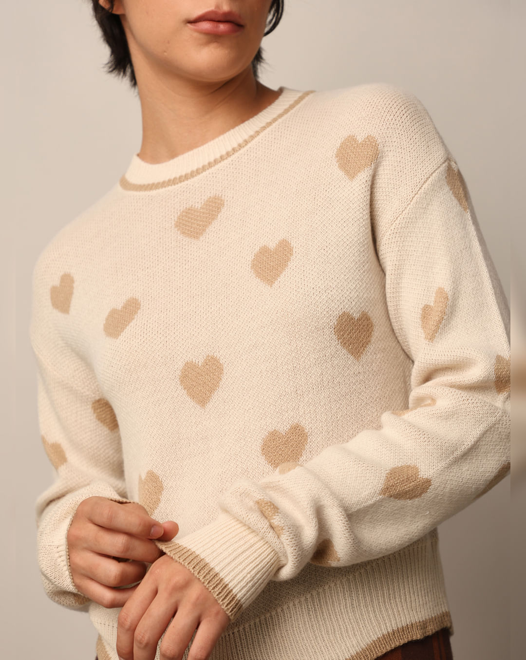 Beige Printed Jacquard Knit Pullover