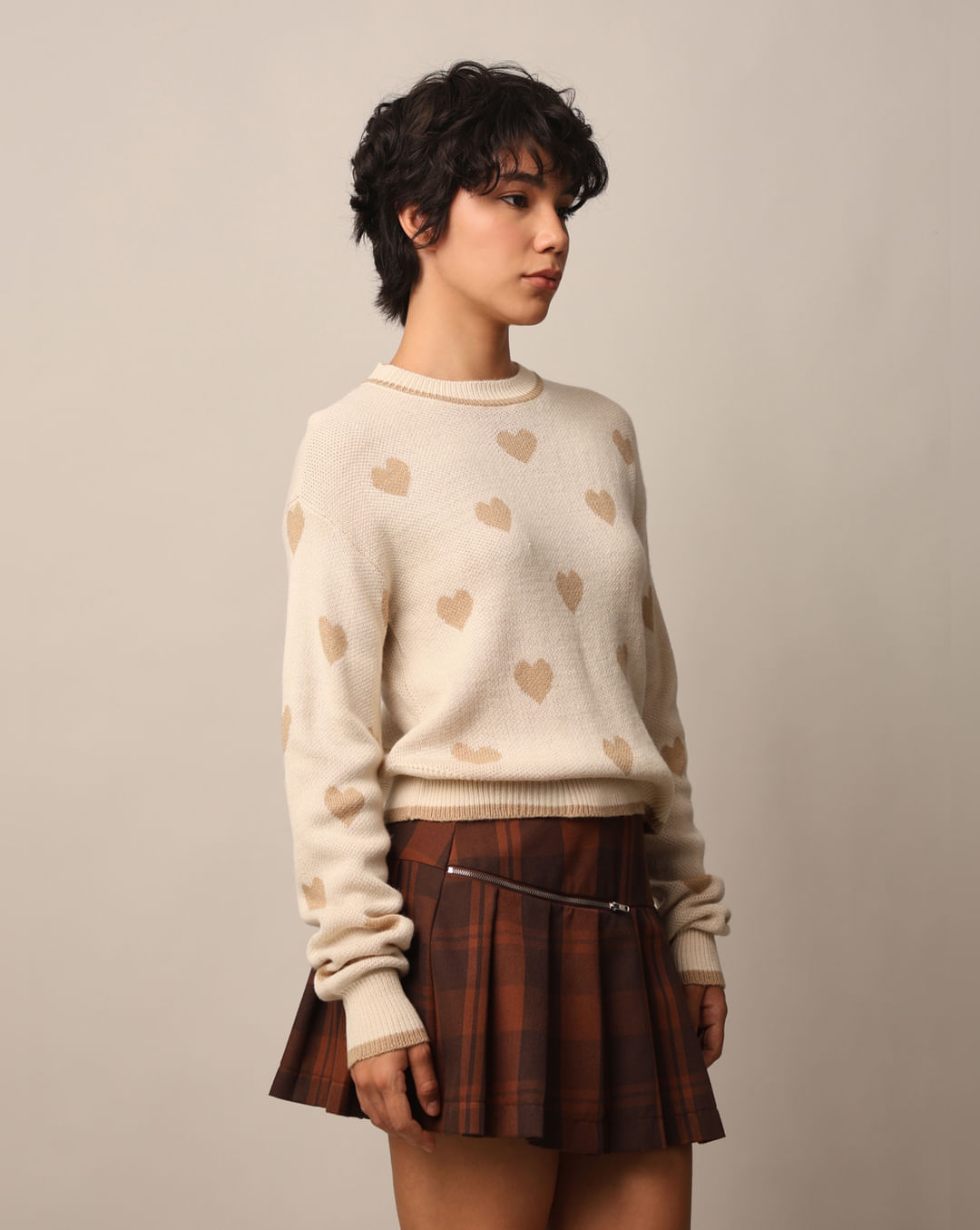 Beige Printed Jacquard Knit Pullover