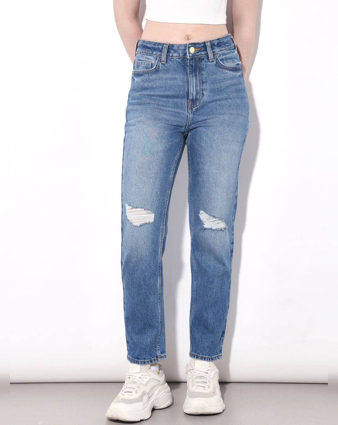 Blue High Rise Distressed Straight Fit Jeans