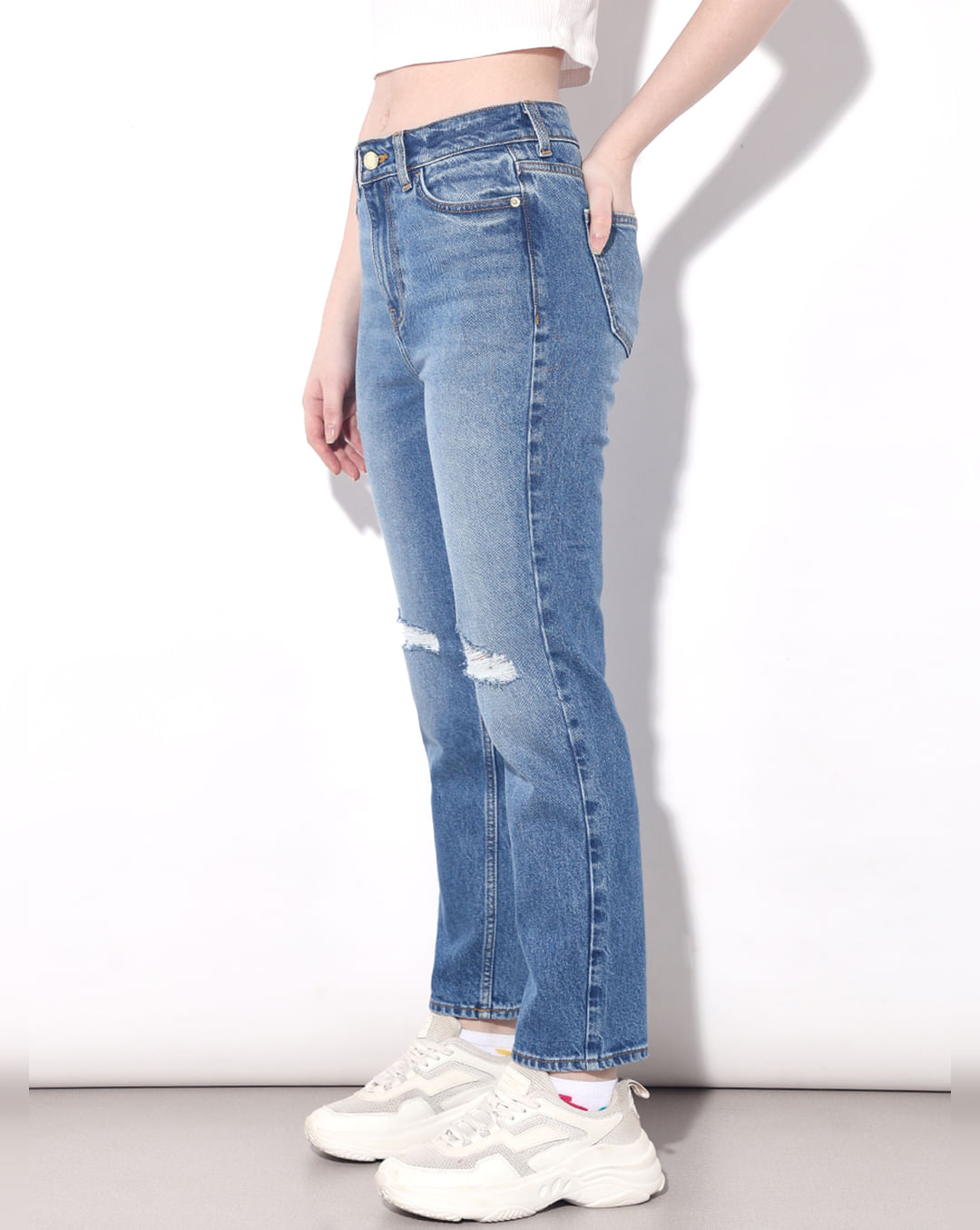 Blue High Rise Distressed Straight Fit Jeans