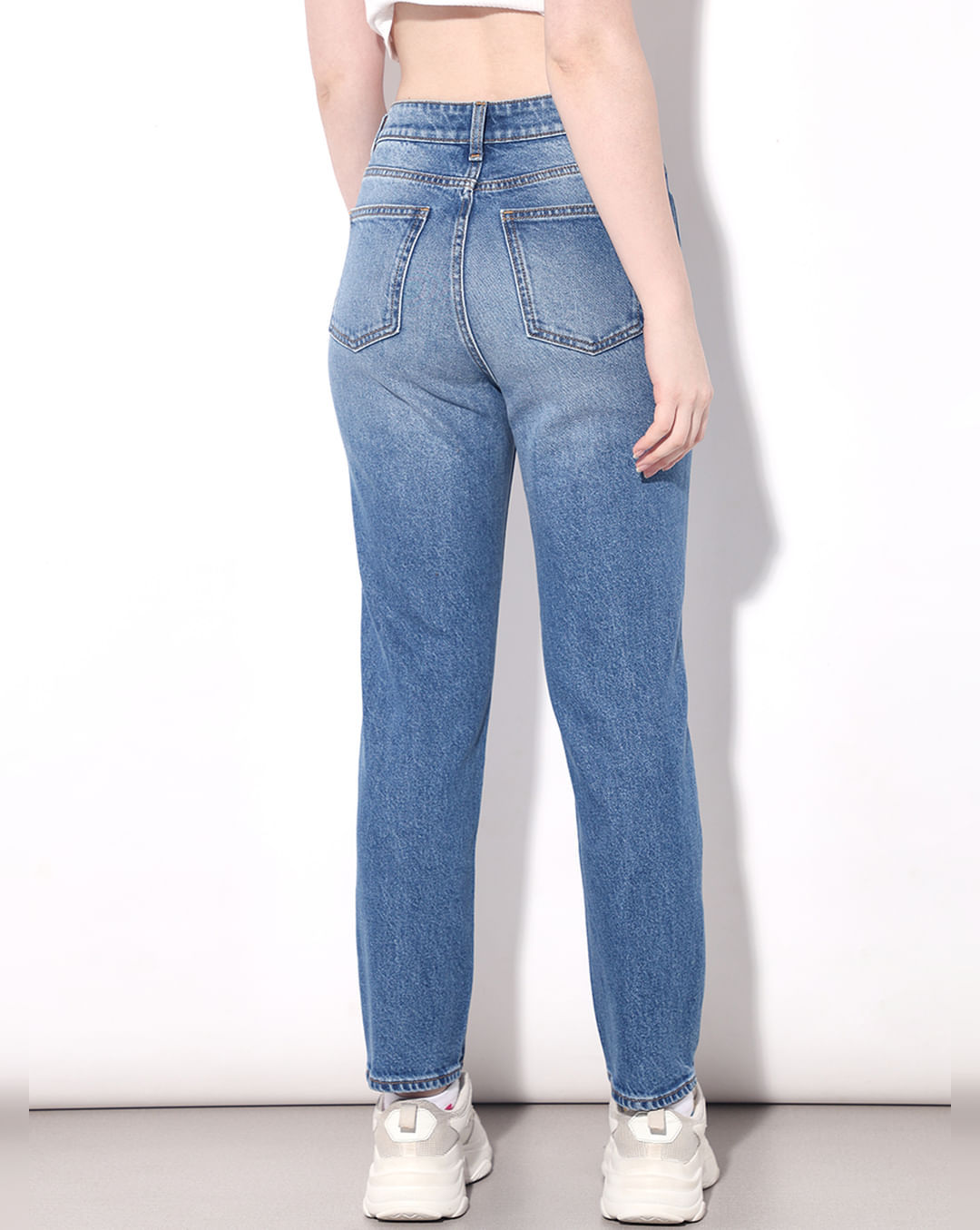 Blue High Rise Distressed Straight Fit Jeans