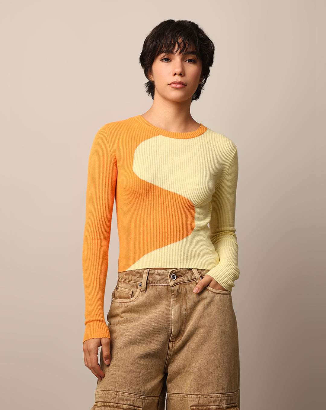 Yellow Colourblocked Fitted Pullover