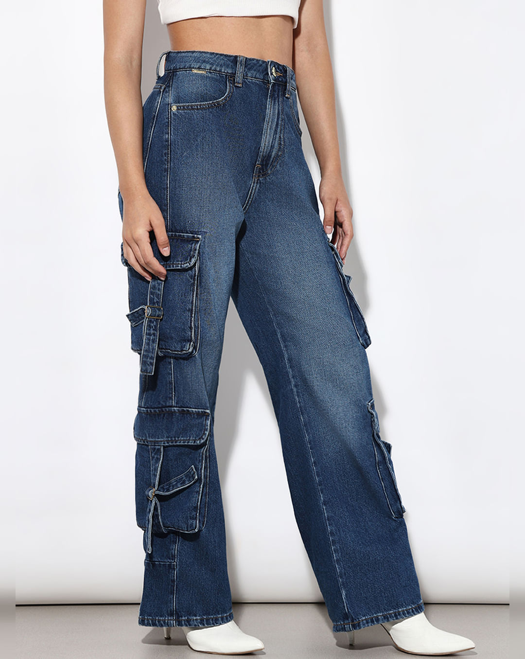 Dark Blue High Rise Cargo Jeans