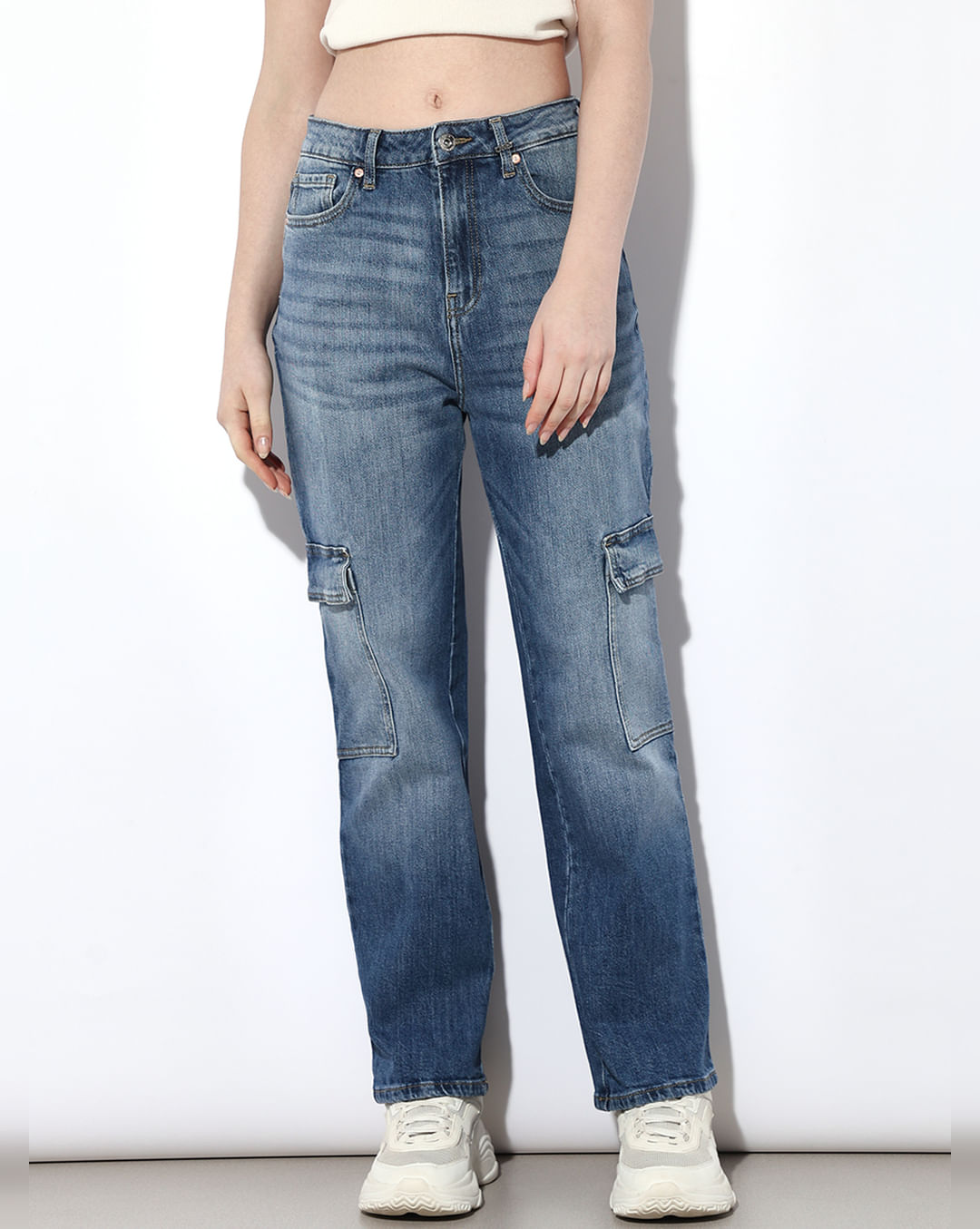 Blue High Rise Cargo Jeans