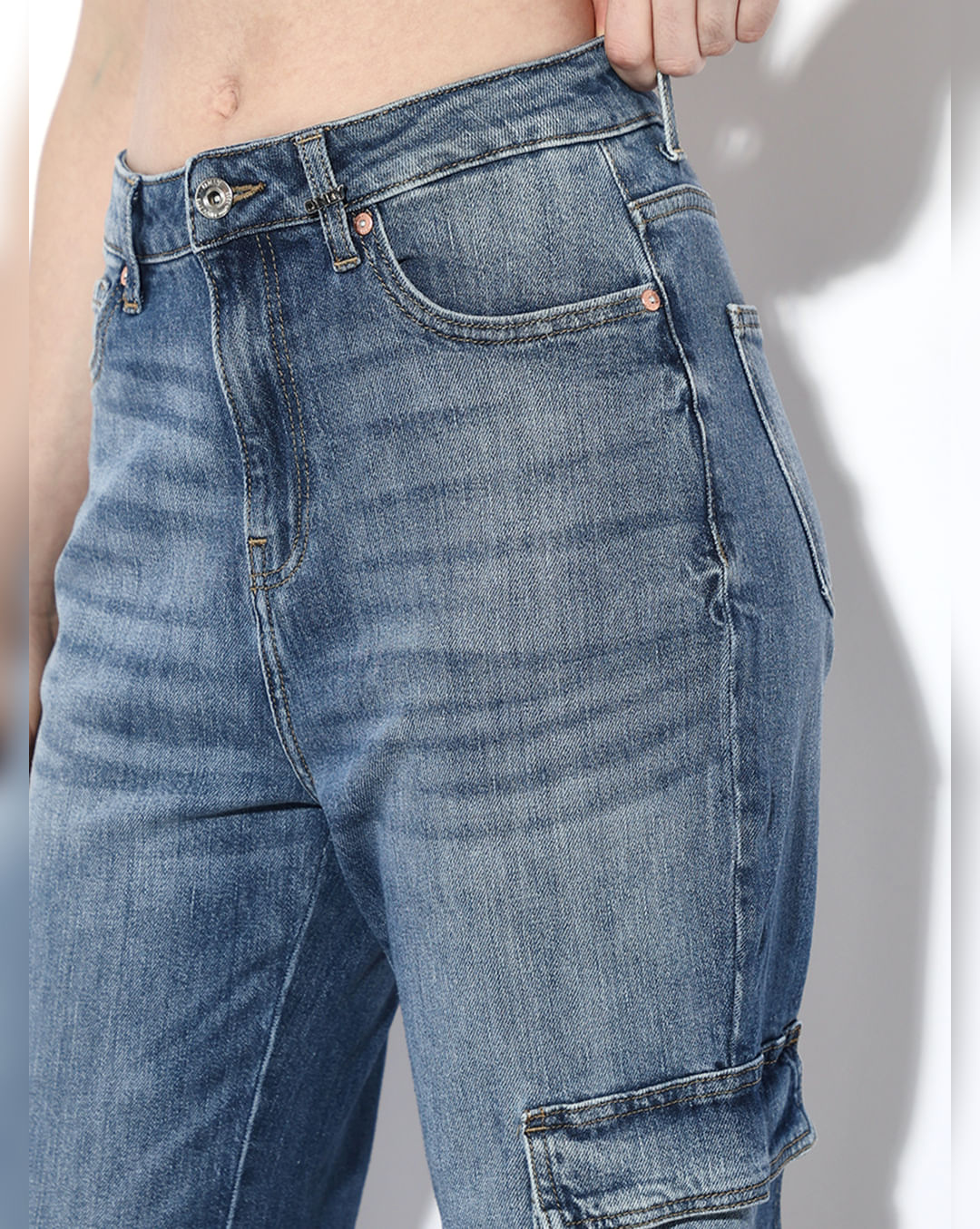 Blue High Rise Cargo Jeans