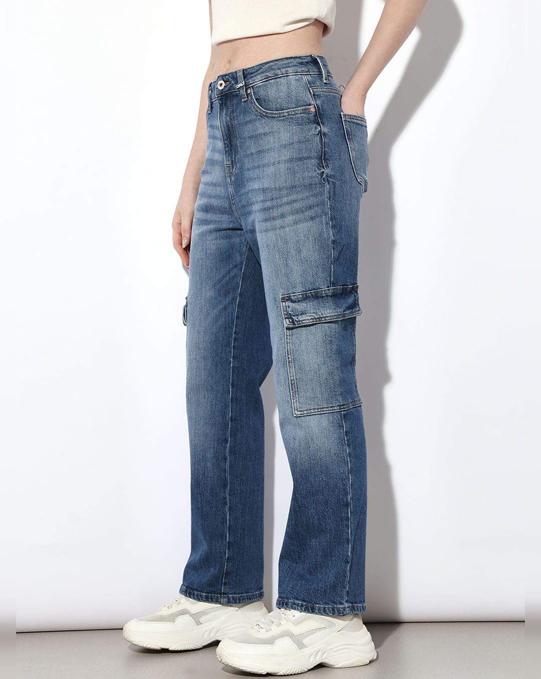 Blue High Rise Cargo Jeans