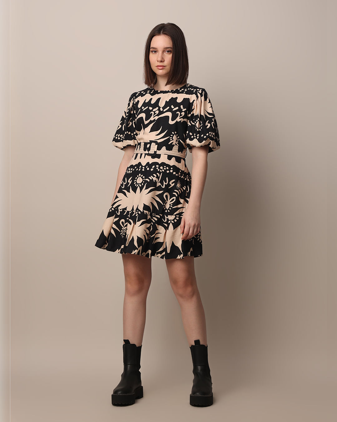 Black Printed Belted Fit & Flare Dress