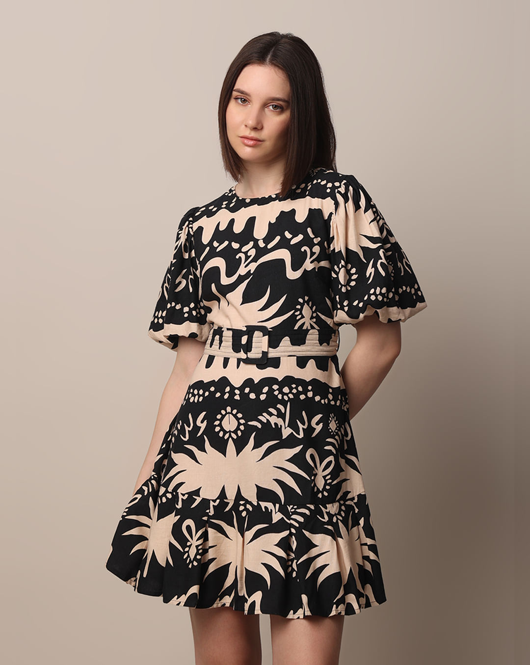 Black Printed Belted Fit & Flare Dress