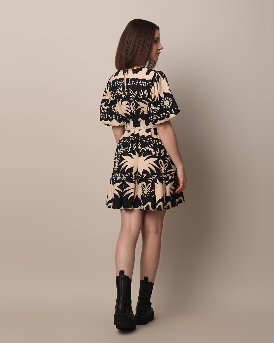 Black Printed Belted Fit & Flare Dress