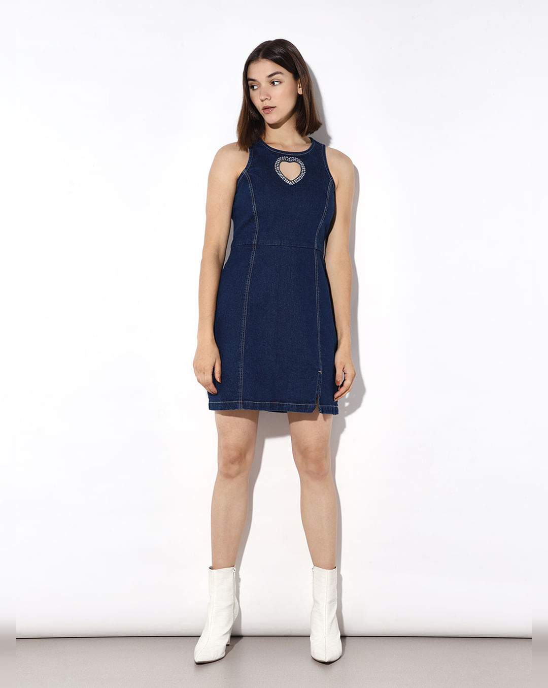 Blue Rhinestone Cut-Out Denim Dress